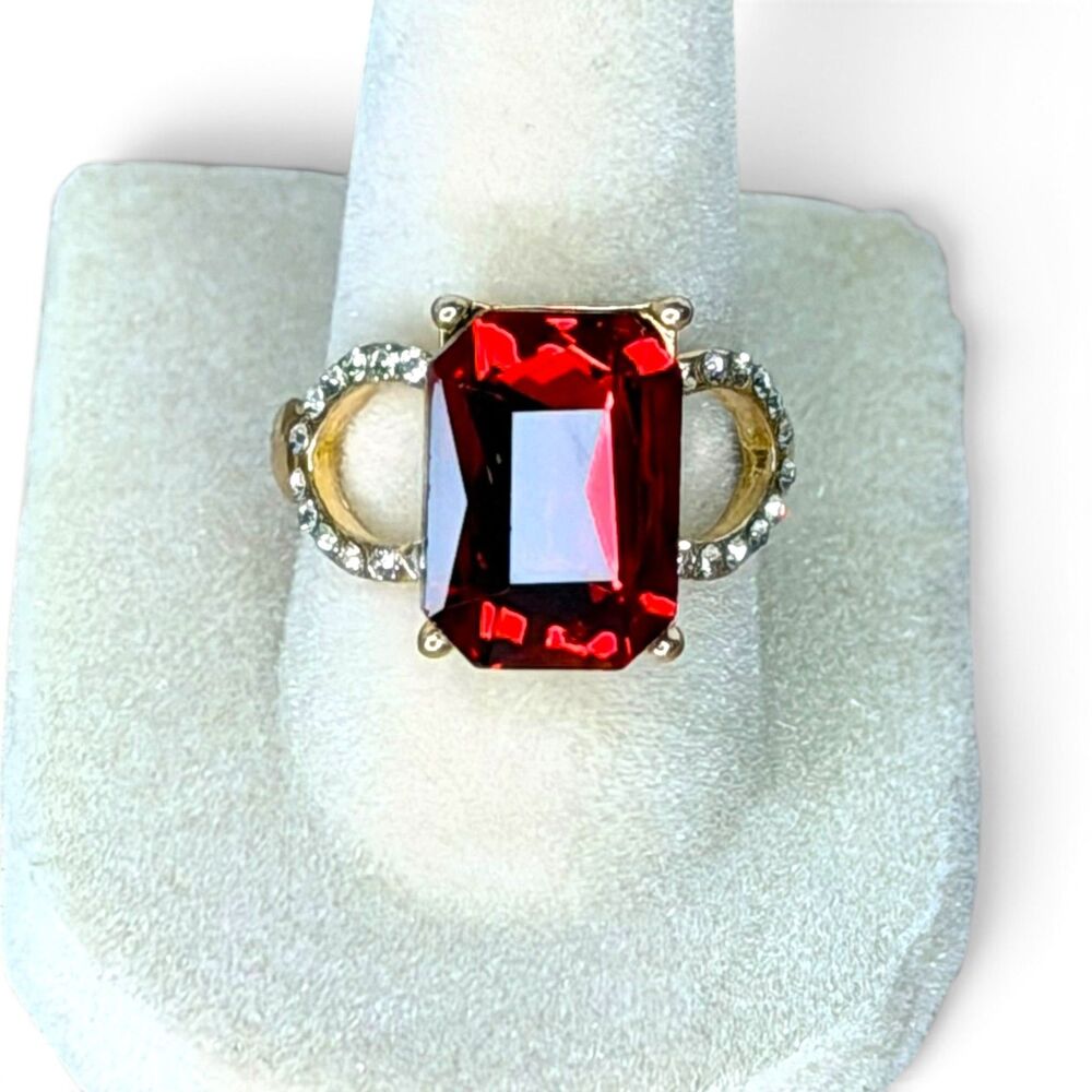 Gold-Tone Red Emerald Cut Cocktail Ring
